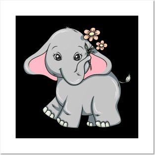 Little elephant with beautiful flowers Posters and Art